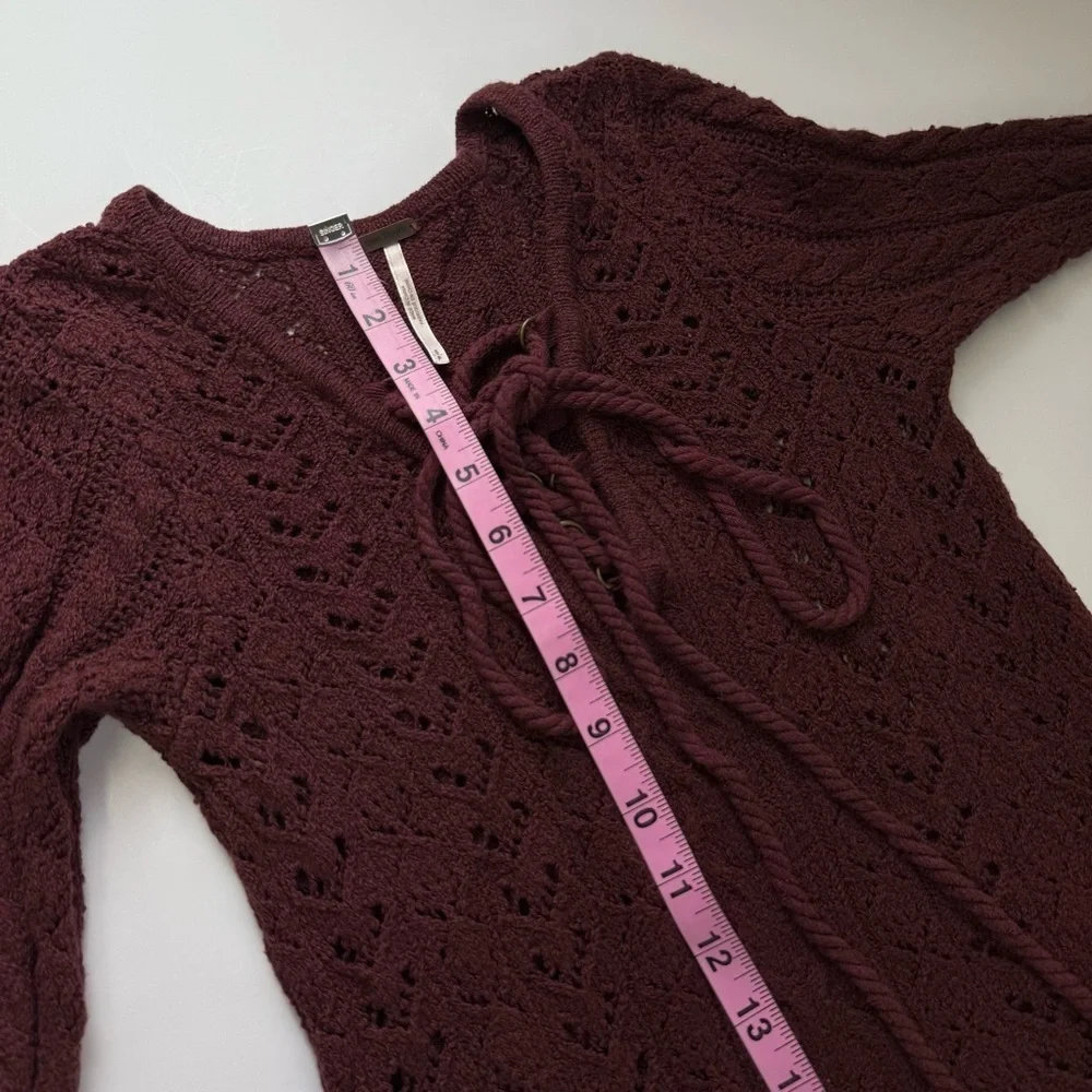 Free People Sweater Womens Small Maroon See Through Knit Lace Up Vneck